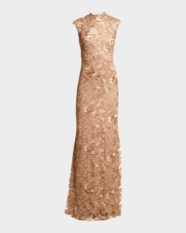 Cap-Sleeve Embroidered Lace Gown